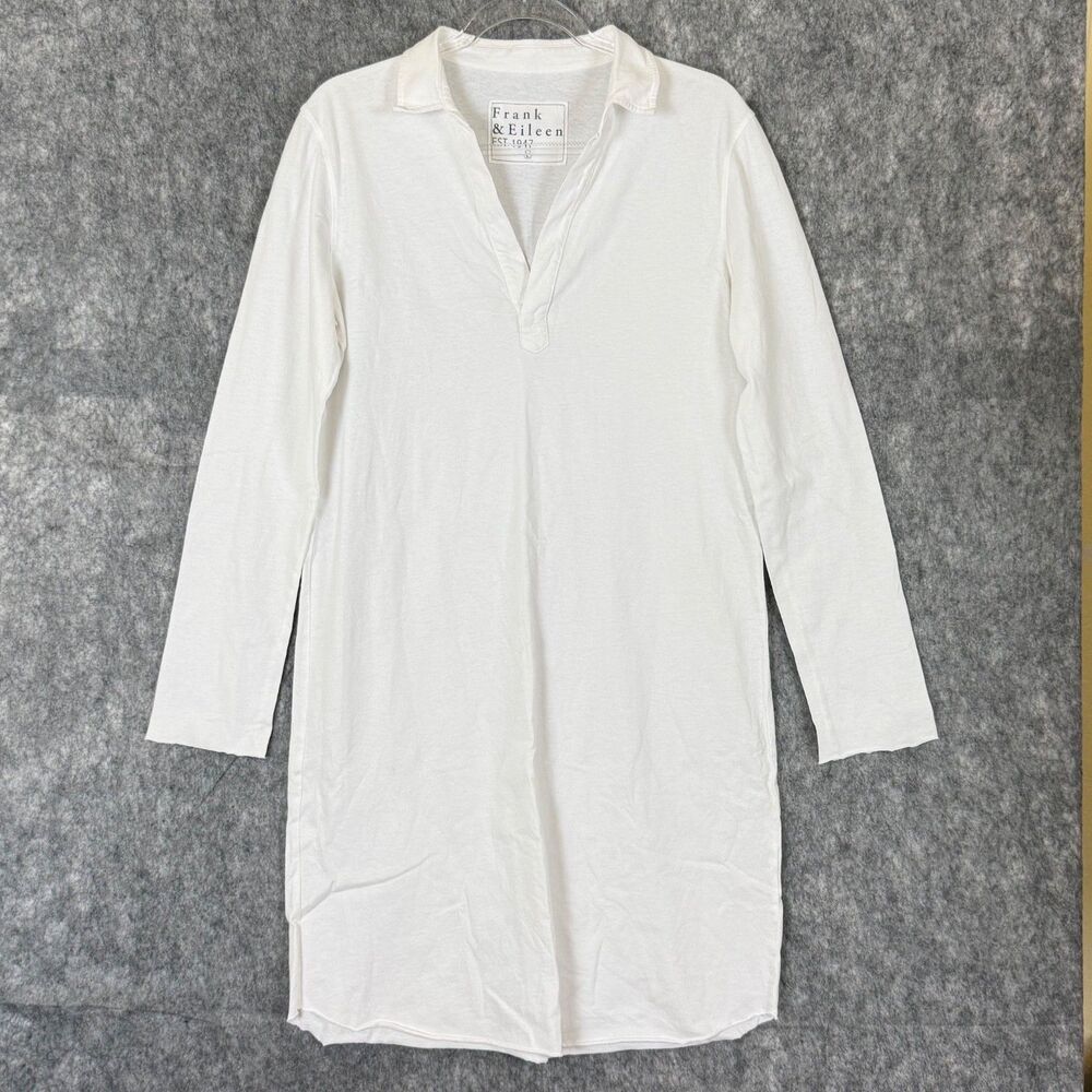 Frank & Eileen Tee Lab Polo Dress L/S Pullover Tunic Collar White Raw Hem & Cuff